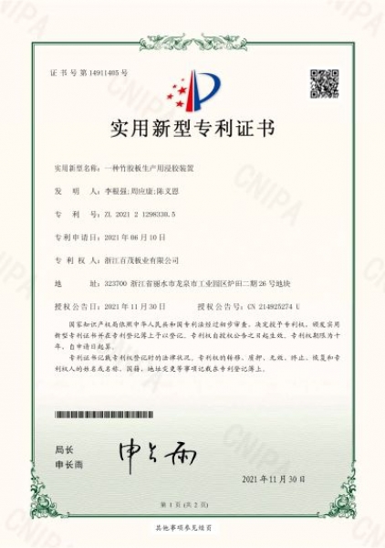 一種竹膠板生產(chǎn)用浸膠裝置實用新型專利證書